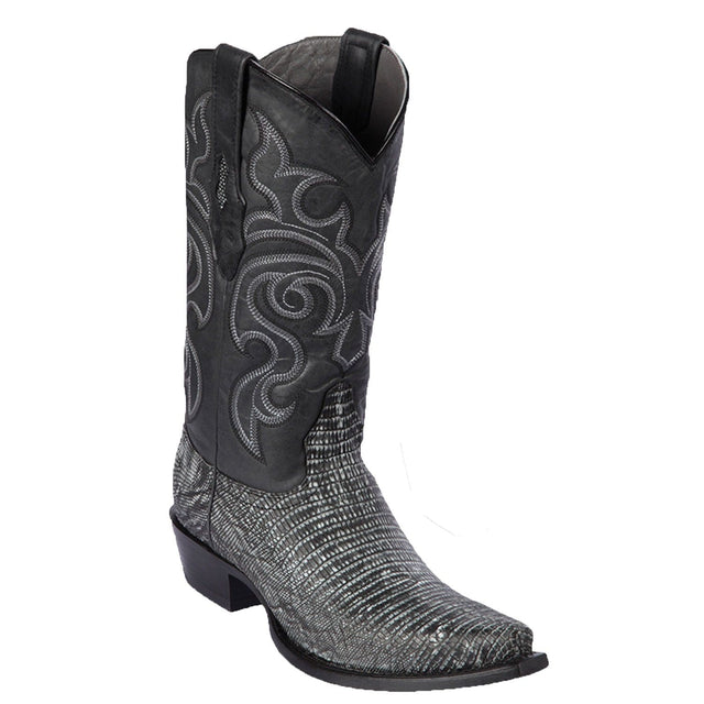 Western Genuine Teju Lizard Skin Snip Toe Boots Sanded Black Color - Los Altos Boots - Side View 