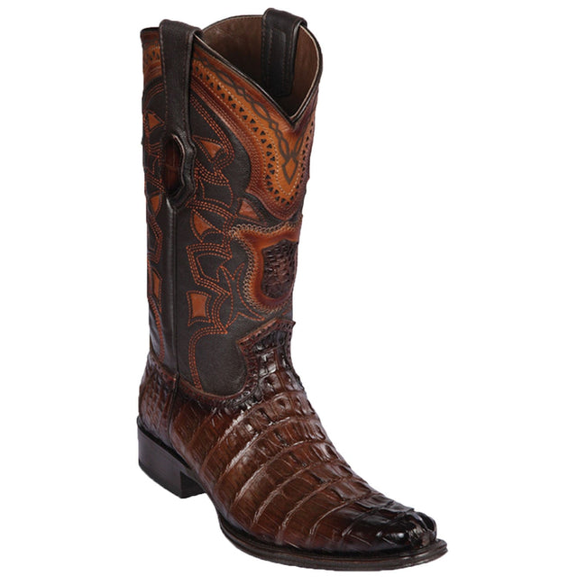 Western Genuine Caiman Tail Skin European Square Toe Boots Faded Brown Color - Los Altos Boots - Side View 