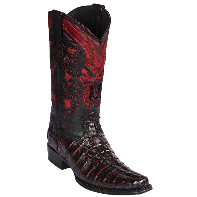 Western Genuine Caiman Tail Skin European Square Toe Boots Black Cherry Color - Los Altos Boots - Side View 