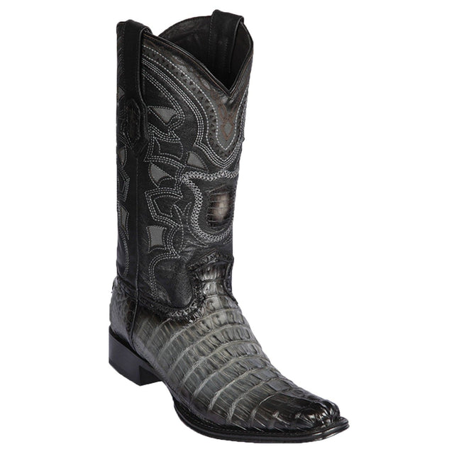 Western Genuine Caiman Tail Skin European Square Toe Boots Faded Gray Color - Los Altos Boots - Side View 