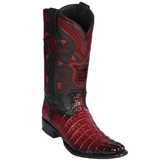 Western Genuine Caiman Tail Skin European Square Toe Boots Faded Burgundy Color - Los Altos Boots - Side View 