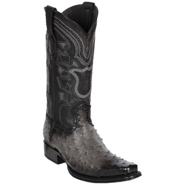 Western Genuine Ostrich Skin European Square Toe Boots Faded Gray Color - Los Altos Boots - Side View 