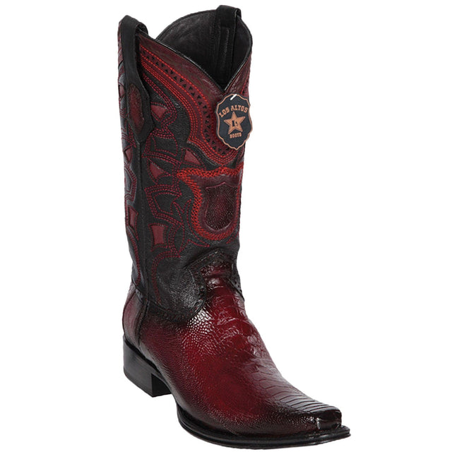Western Genuine Ostrich Leg Skin European Square Toe Boots Faded Burgundy Color - Los Altos Boots - Side View 