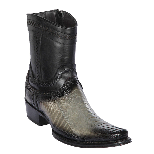 Men's Genuine Ostrich Leg Skin European Square Toe Short Boots With Zipper Faded Gray Color - Los Altos Boots