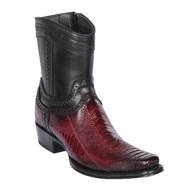 Men's Genuine Ostrich Leg Skin European Square Toe Short Boots With Zipper Faded Burgundy Color - Los Altos Boots