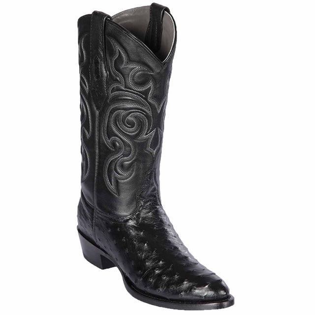 Western Genuine Ostrich Round Toe Boots Black Color - Los Altos Boots - Side View
