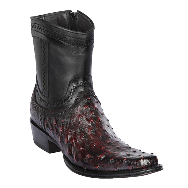 Men's Genuine Ostrich Skin European Square Toe Short Boots With Zipper Black Cherry Color - Los Altos Boots