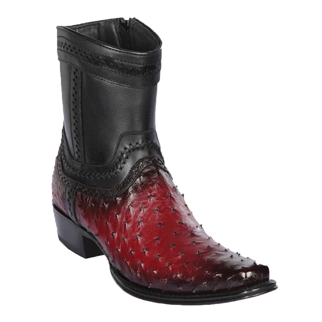 Men's Genuine Ostrich Skin European Square Toe Short Boots With Zipper Faded Burgundy Color - Los Altos Boots