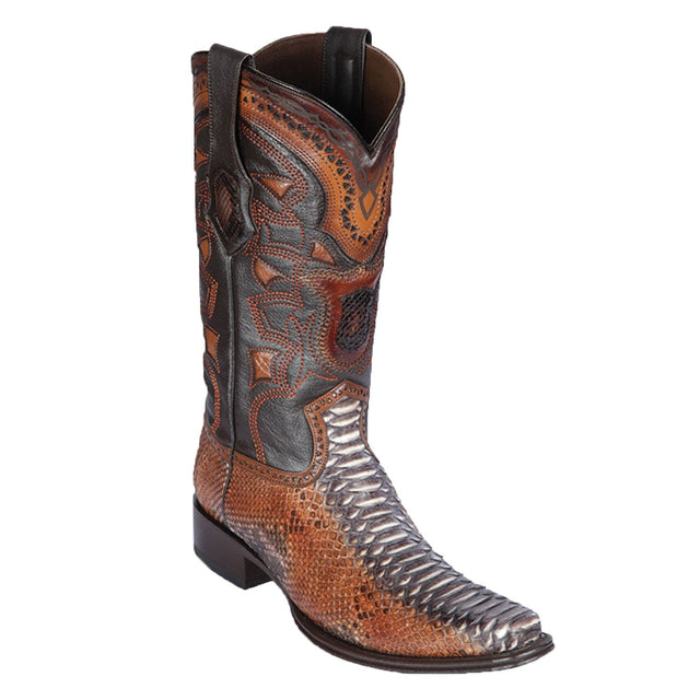 Western Genuine Python Skin European Square Toe Boots Rustic Cognac Color - Los Altos Boots - Side View 