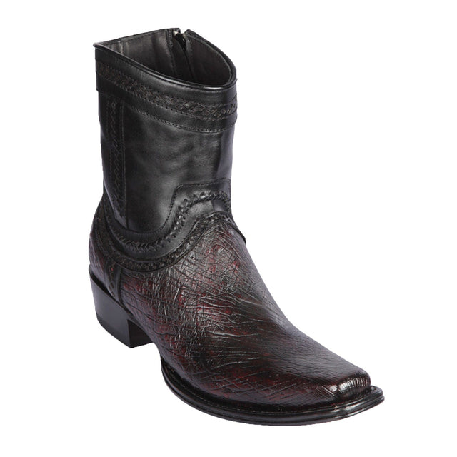 Men's Genuine Smooth Ostrich Skin European Square Toe Short Boots With Zipper Black Cherry Color - Los Altos Boots