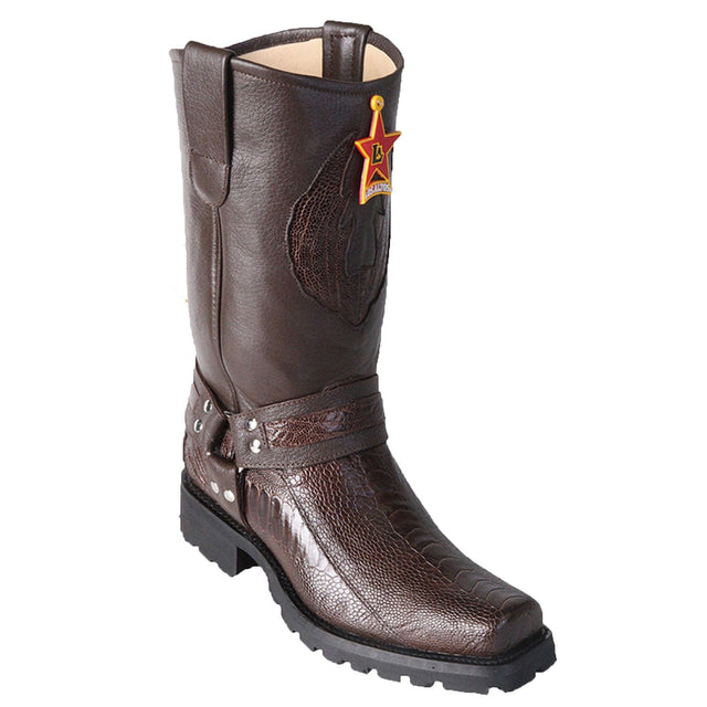 Western Genuine Ostrich Leg Skin Biker Boots Brown Color - Los Altos Boots - Side View