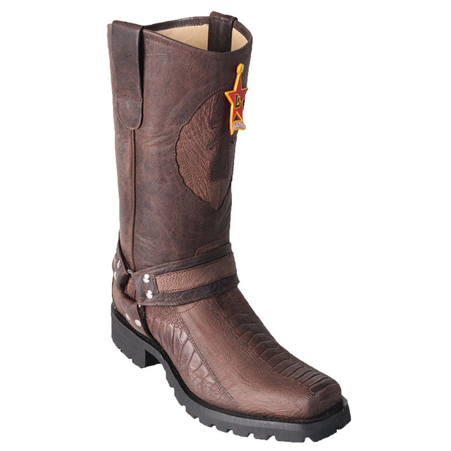 Western Genuine Ostrich Leg Skin Biker Boots Greasy Brown Color - Los Altos Boots - Side View