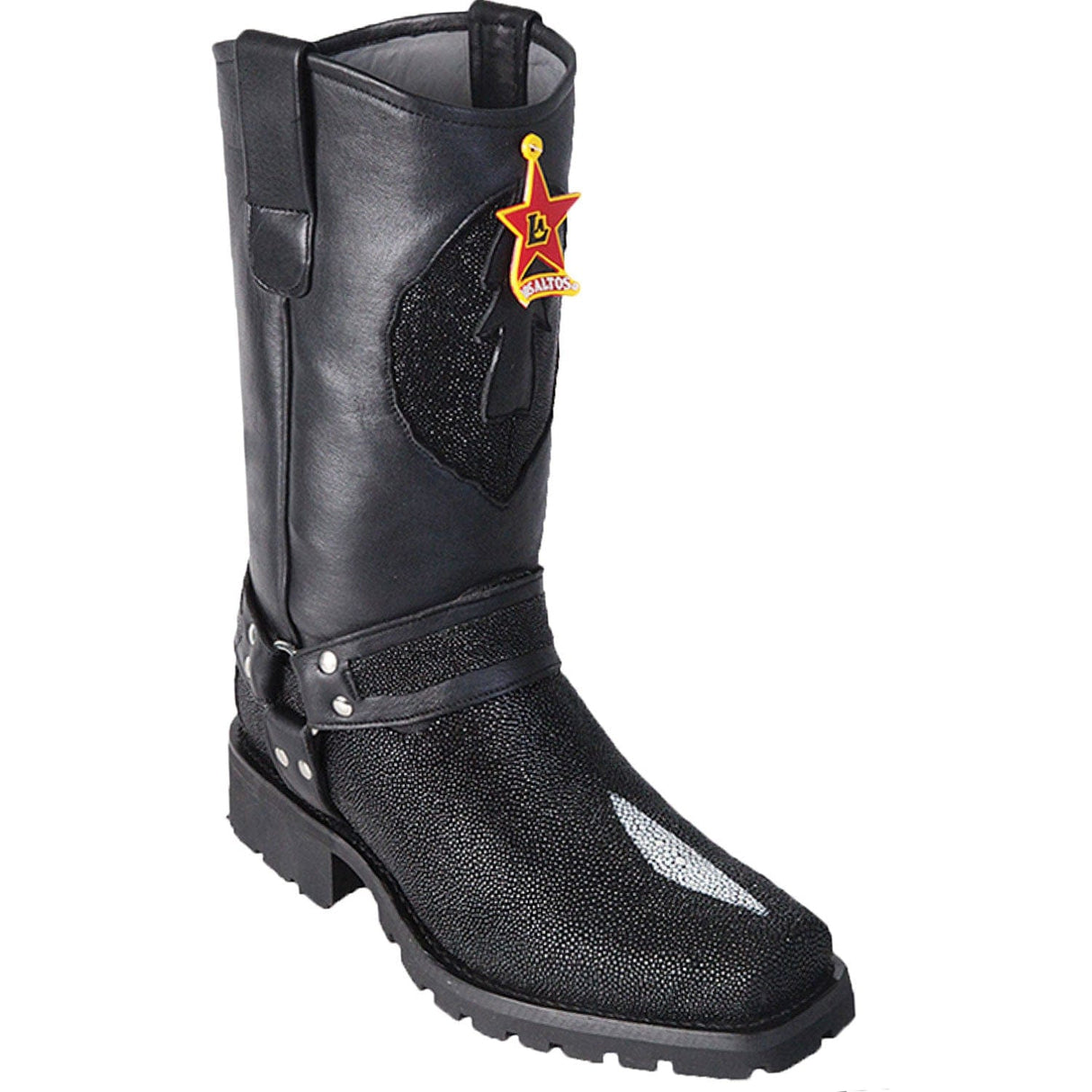 Western Genuine Stingray Skin Single Stone Biker Boots Black Color - Los Altos Boots - Side View