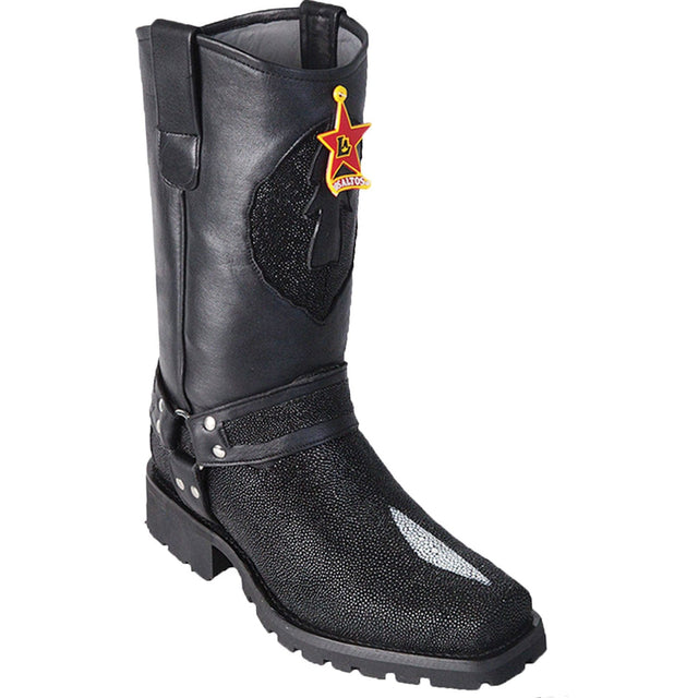 Western Genuine Stingray Skin Single Stone Biker Boots Black Color - Los Altos Boots - Side View