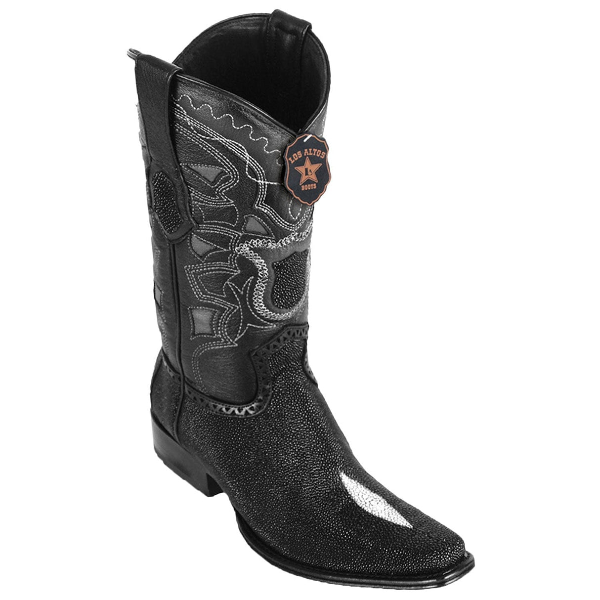 Western Genuine Stingray Skin Single Stone European Square Toe Boots Black Color - Los Altos Boots - Side View